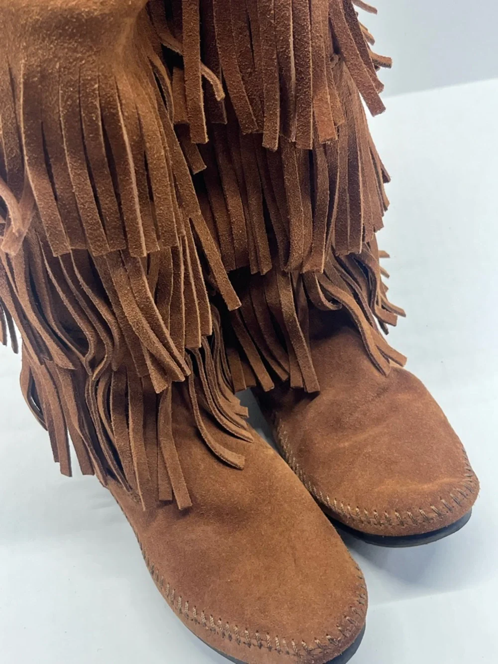 Minnetonka Triple Fringe Suede Moccasin Boots in Tan Brown Bohemian Boho - Picture 5 of 8